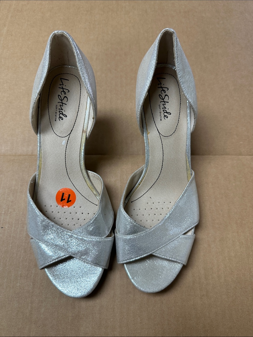 #128, Size 11, Life Stride Women's Metallic Silver Open-Toe D'Orsay Heels